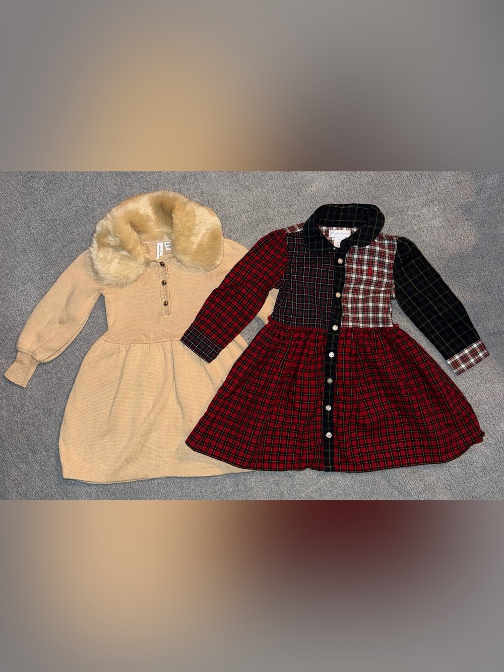 Janie and Jack beige dress and Ralph Lauren Christmas dress